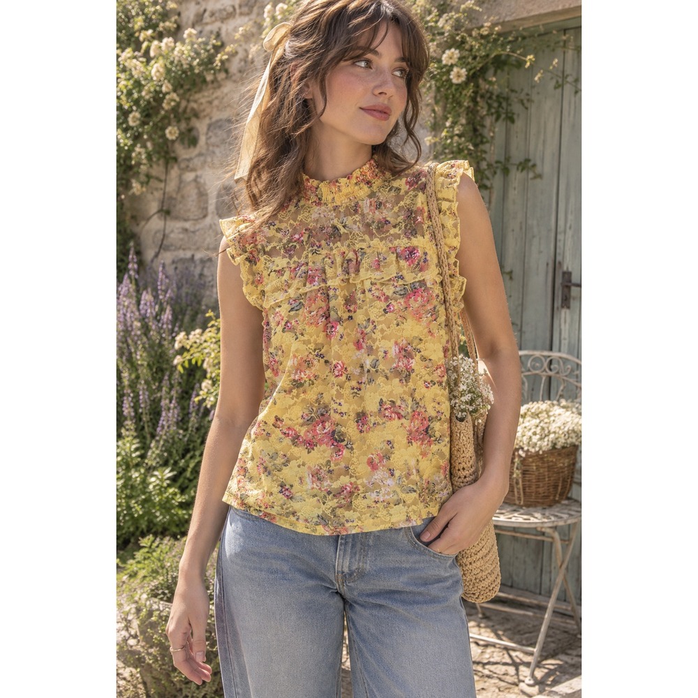 Y2K Yellow Floral Lace Ruffle Blouse S Cottagecore Coquette Fairycore Prairie